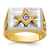 10K Polished and Textured with White Rhodium Blue Enamel Masonic Master Men