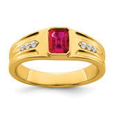 IB Goodman 14k 7x5mm Emerald-cut Lab-Created Ruby and 1/10 carat Diamond Mens Ring