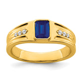 IB Goodman 14k 7x5mm Emerald-cut Lab-Created Sapphire and 1/10 carat Diamond Mens Ring