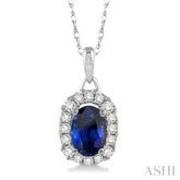 6x4 MM Oval Cut Sapphire and 1/6 Ctw Round Cut Diamond Precious Pendant in 14K White Gold with Chain