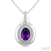 8X6 MM Oval Shape Amethyst and 1/20 Ctw Single Cut Diamond Semi-precious Pendant With Chain in Sterling Silver
