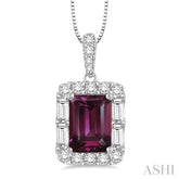 7x5 MM Emerald Cut Rhodolite Garnet and 1/3 Ctw Diamond Semi-Precious Pendant in 14K White Gold with Chain