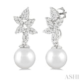 8 MM Cultured Pearl and 3/8 Ctw Round Cut Diamond Lovebright Fashion Earrings in 14K White Gold