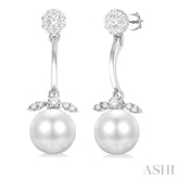 7 MM Cultured White Pearl and 1/4 Ctw Lovebright Round Cut Diamond Fashion Earrings in 14K White Gold