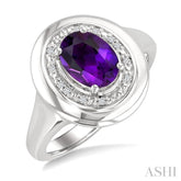 8x6 MM Oval Shape Amethyst and 1/20 Ctw Single Cut Diamond Semi-precious Ring in Sterling Silver
