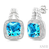 8 MM Cushion Shape Blue Topaz and 1/20 Ctw Single Cut Diamond Semi-Precious Earrings in Sterling Silver