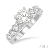 1/2 Ctw Zigzag Shank Baguette and Round Cut Diamond Semi-Mount Engagement Ring in 14K White Gold
