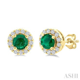 3.25 MM Round Emerald and 1/10 Ctw Single Cut Diamond Halo Precious Stud Earrings in 10K Yellow Gold