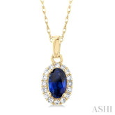 5x3 MM Oval Shape Sapphire and 1/20 Ctw Single Cut Diamond Halo Precious Pendant with Chain in 10K Yellow Gold