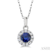 3.25 MM Round Sapphire and 1/20 Ctw Single Cut Diamond Halo Precious Pendant with Chain in 10K White Gold