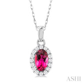 5x3 MM Oval Shape Pink Tourmaline and 1/20 Ctw Single Cut Diamond Halo Semi-Precious Pendant with Chain in 14K White Gold