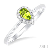 5x3 MM Pear Shape Peridot and 1/20 Ctw Single Cut Diamond Halo Semi-Precious Ring in 14K White Gold