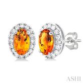 5x3 MM Oval Shape Citrine and 1/8 Ctw Single Cut Diamond Halo Semi-Precious Stud Earrings in 14K White Gold
