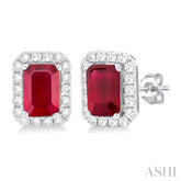 6x4 MM Octagonal Shape Ruby and 1/4 Ctw Round Cut Diamond Halo Precious Stud Earrings in 10K White Gold