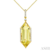 22X8 MM Hexagon Shape Lemon Quartz and 1/6 Ctw Round Cut Diamond Semi-Precious Pendant With Chain in 14K Yellow Gold