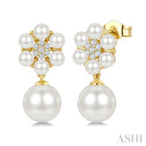 3MM & 7MM White Cultured Pearl and 1/10 Ctw Floral Round Cut Diamond Fashion Earrings in 10K Yellow Gold
