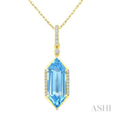 16X6 MM Hexagon Shape Blue Topaz and 1/10 Ctw Round Cut Diamond Semi-Precious Pendant With Chain in 10K Yellow Gold
