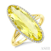 22X8 MM Evoque Gemstones Oval Shape Lemon Quartz and 1/5 Ctw Round Cut Diamond Semi-Precious Ring in 14K Yellow Gold