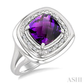 8 MM Cushion Shape Amethyst and 1/20 Ctw Round Cut Diamond Bold Semi-Precious Ring in Sterling Silver