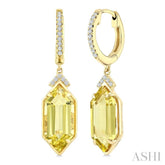 14X6 MM Evoque Gemstones Hexagon Shape Lemon Quartz and 1/6 Ctw Round Cut Diamond Semi-Precious Earrings in 14K Yellow Gold