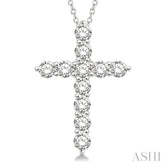 1 1/2 Ctw Round Cut Diamond Cross Pendant in 14K White Gold with Chain
