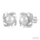 6x6 MM Round Shape Cultured Pearls and 1/50 Ctw Swirl Round Cut Diamond Earring in Sterling Silver