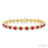 4X3 MM Oval Cut Ruby and 2 1/6 Ctw Round Cut Diamond Halo Precious Bracelet in 14K Yellow Gold