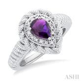 7X5 MM Pear Cut Amethyst and 1/20 Ctw Round Cut Diamond Semi-Precious Ring in Sterling Silver