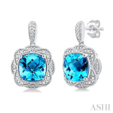 8X8 MM Cushion Shape Blue Topaz and 1/20 Ctw Round Cut Diamond Semi-Precious Earring in Sterling Silver
