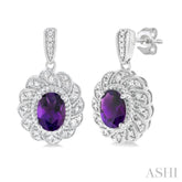 7X5 MM Oval Cut Amethyst and 1/20 Ctw Round Cut Diamond Semi-Precious Earring in Sterling Silver
