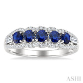 3.1 MM Round Sapphire and 1/4 Ctw Baguette and Round Cut Diamond 5-Stone Precious Ring in 14K White Gold