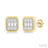 1/5 Ctw Petite Bezel Set Emerald Shape Fusion Baguette and Round Cut Diamond Fashion Stud Earrings in 10K Yellow Gold