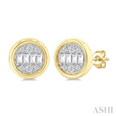 1/5 Ctw Petite Bezel Set Round Shape Fusion Baguette and Round Cut Diamond Fashion Stud Earrings in 10K Yellow Gold