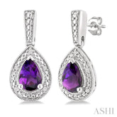 6X4 MM Pear Shape Amethyst and 1/50 Ctw Round Cut Diamond Semi-Precious Earrings in Sterling Silver