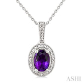 7X5 MM Oval Shape Amethyst and 1/50 Ctw Single Cut Diamond Semi-precious Pendant With Chain in Sterling Silver