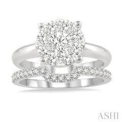 1/2 Ctw Lovebright Round Cut Diamond Wedding Set With 1/3 Ctw Circular Engagement Ring and 1/5 Ctw U-Shape Center Wedding Band in 14K White Gold