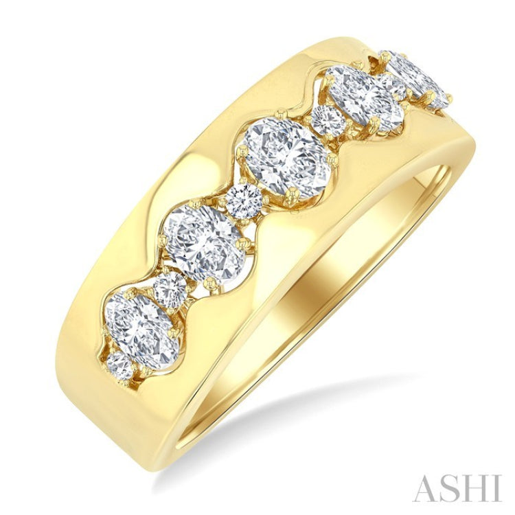 1 Ctw 5-Stone Oval and Round Cut Diamond Wide Fashion Band in 14K Yellow Gold