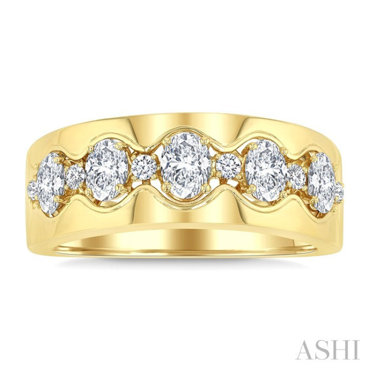 1 Ctw 5-Stone Oval and Round Cut Diamond Wide Fashion Band in 14K Yellow Gold