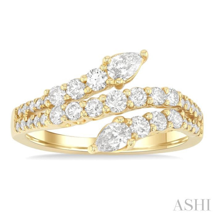 1 Ctw Split Three-Arm Bypass Pear and Round Cut Diamond Fashion Band in 14K Yellow Gold