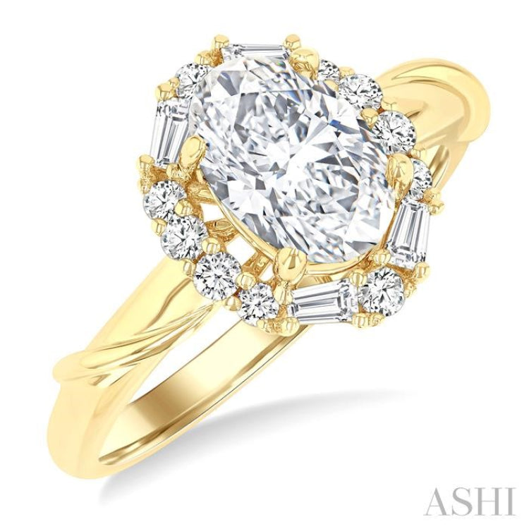 1/3 Ctw Oval Shape Baguette and Round Cut Diamond Semi-Mount Engagement Ring in 14K Yellow Gold