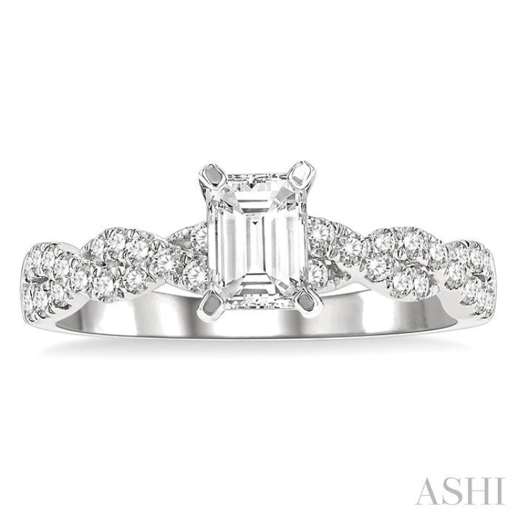 7/8 Ctw Twisted Shank Round Cut Diamond Engagement Ring With 1/2 Ct Emerald Cut Center Stone in 14K White Gold