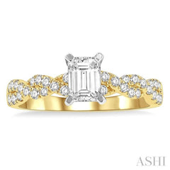 7/8 Ctw Twisted Shank Round Cut Diamond Engagement Ring With 1/2 Ct Emerald Cut Center Stone in 14K Yellow and White Gold