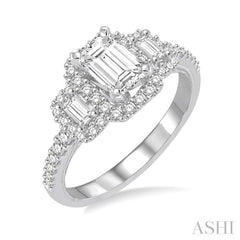 5/8 Ctw Diamond Ladies Engagement Ring with 1/4 Ct Emerald Cut Center Stone in 14K White Gold