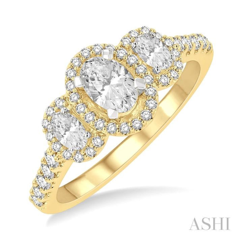 5/8 Ctw Oval Shape Past, Present & Future Round Cut Diamond Semi-Mount Engagement Ring in 14K Yellow and White Gold