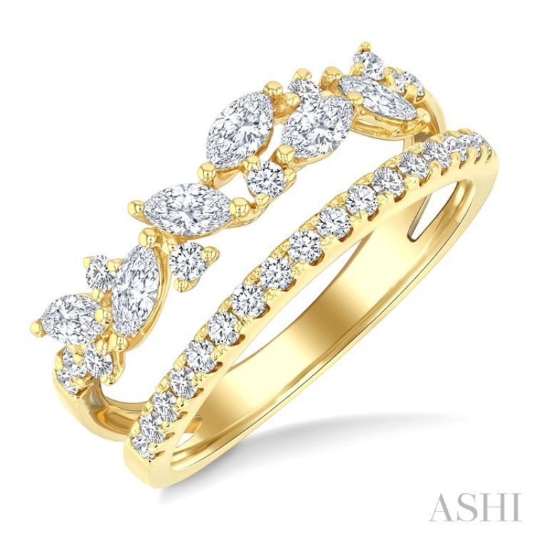3/4 Ctw Marquise and Round Cut Diamond Split Twin Row Fashion Ring in 14K Yellow Gold