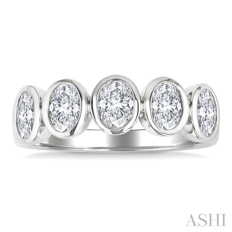 1 1/2 Ctw 5-Stone Bezel Set Oval Cut Diamond Fashion Band in 14K White Gold
