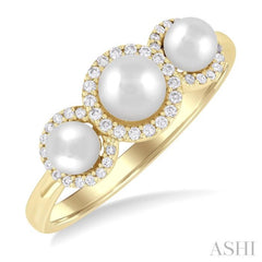 1/6 Ctw Past, Present & Future 4MM & 5MM Cultured Pearl and Round Cut Diamond Halo Ring in 14K Yellow Gold