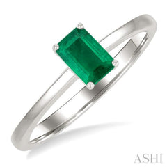 6x4 MM Octagon Shape Emerald Precious Solitaire Ring in 14K White Gold