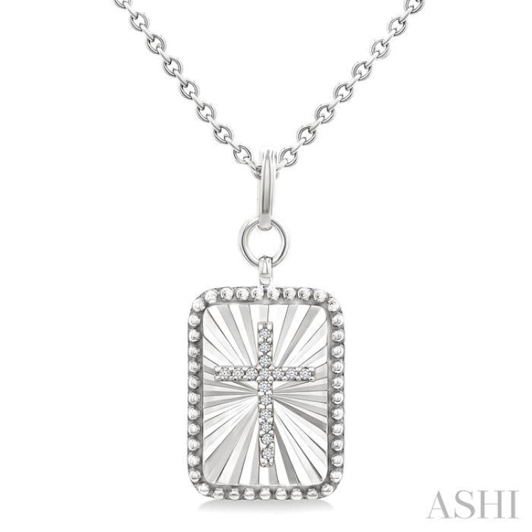 1/20 Ctw Rectangle Fluted Medallion Single Cut Diamond Cross Pendant With Chain in Sterling Silver