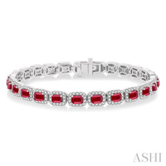 4X3 MM Emerald Cut Ruby and 2 1/5 Ctw Round Cut Diamond Halo Precious Bracelet in 14K White Gold